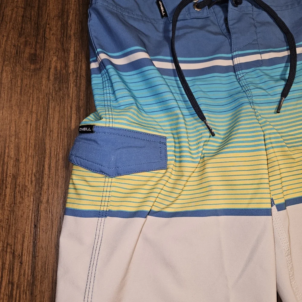O'Neill 23 hybrid board shorts swim trunks striped surf beach blue yellow